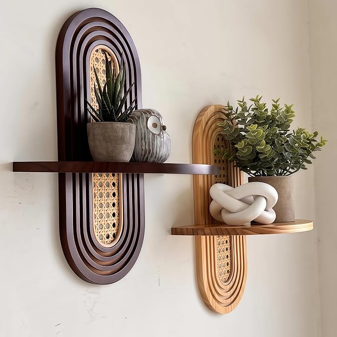 1pc Mid-Century Modern Wall Shelf - Arched Wood & Woven PE Rattan Boho Decorative Floating Shelf, Vintage Aesthetic Decor for Living Room, Bedroom, Kitchen & Home Office (Natural)