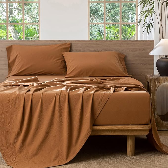 MooMee Bedding Sheet Set 100% Washed Cotton Linen Like Textured Breathable Durable Soft Comfy (Solid Dark Orange, Queen)