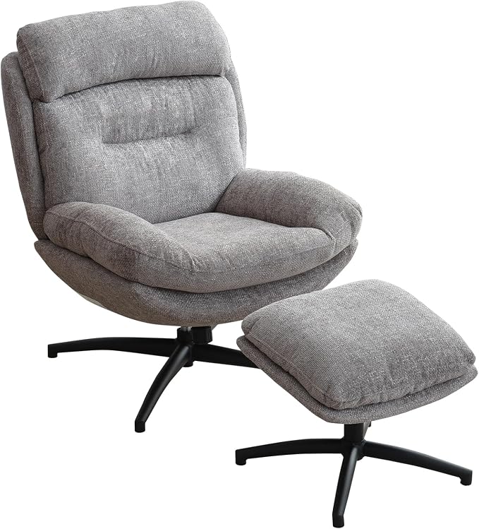 Swivel Accent Chair with Ottoman Set for Living Room, Chenille Comfy Reading Chair with High Back, TV Lounge Chair with 360 Degree Swiveling, Tilting for Bedroom, Modern Armchair with Footrest, Grey