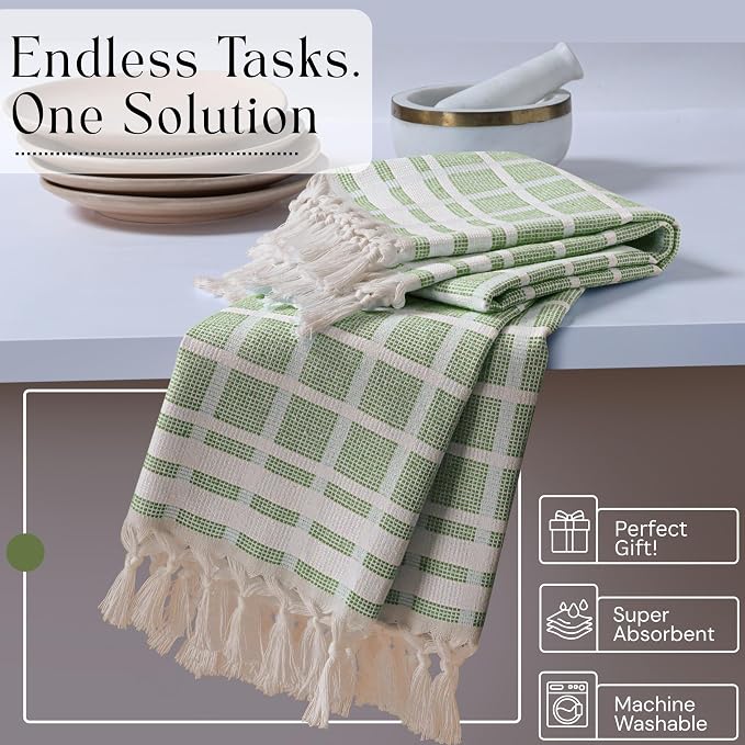 Matrix Dobby Kitchen Towels 4 Pack 100% Cotton, 16x26 Inches, Fast Drying, Absorbent Dish Towels with Handmade Tassels, Reusable Cleaning Cloths for Daily Use - Mint Green, White