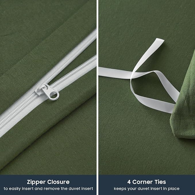 Wake In Cloud - Cotton Duvet Cover Set, 100% Washed Cotton, Linen Like Textured, Breathable Durable Comfy Farmhouse Neutral Bedding Set, 3 Pieces, Olive Green, Queen Size