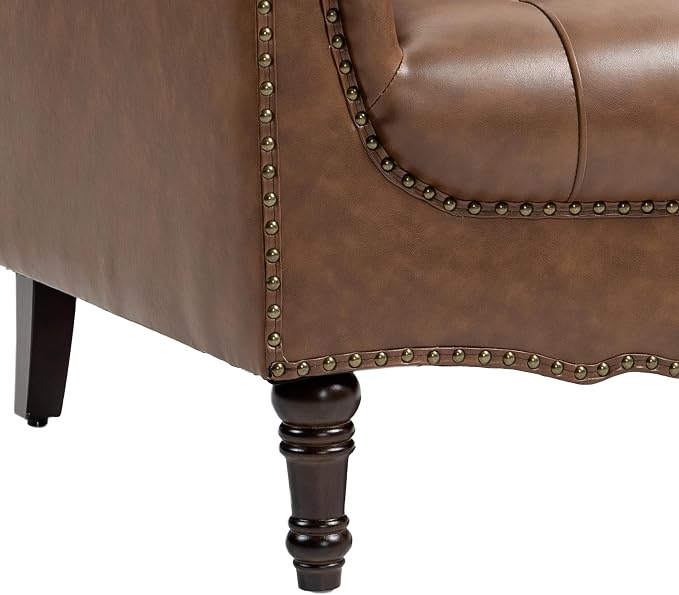 Brown Accent Chair for Living Room, Faux Leather Tufted Arm Chair Retro Upholstered Club Armchair for Bedroom