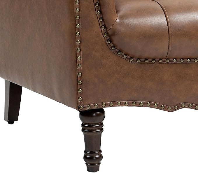 UIXE Brown Accent Chair for Living Room, Faux Leather Tufted Arm Chair Retro Upholstered Club Armchair for Bedroom