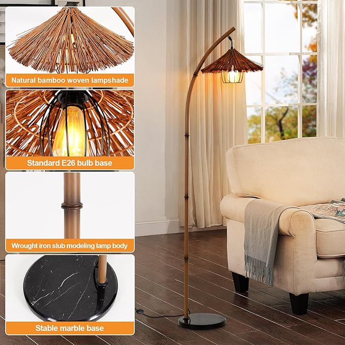 beaysyty Bamboo Floor lamp Mid Century Rattan Retro Floor lamp Bohemian,Arc Floor Lamps for Living Room Tall Reading Lamps Antique Rattan Style for Bedroom Dining Room Farmhouse Study (Brown)