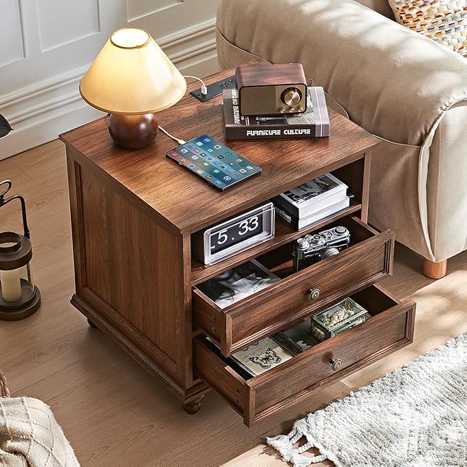 24" Wide Farmhouse Nightstand with Charging Station, End Table with 2 Drawers, Brown Wood Dresser for Bedroom Cabinet, Bed Side Table Chest of Drawers, Night Stand for Living Room, Closet