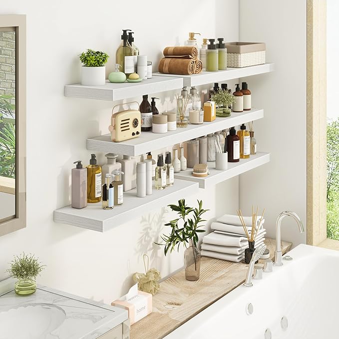 Fun Memories Floating Shelves - 9.3 Inch Deep Wall Shelf for Decor & Storage - Wall Mounted Display Shelving with Invisible Heavy-Duty Metal Bracket - 48" W x 9" D x 1.6" H - Set of 1 - Rustic White