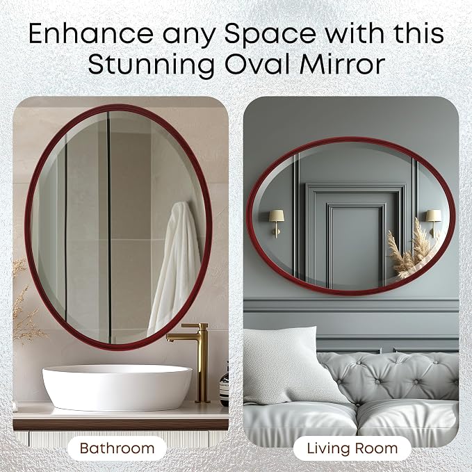 OVALCREST - Oval Wooden Beveled Wall Mirror for Home Decor, Bathroom, Vanity, Bedroom, Living Room, Hallway - London Style (Black Cherry) 21.1 x 17.1