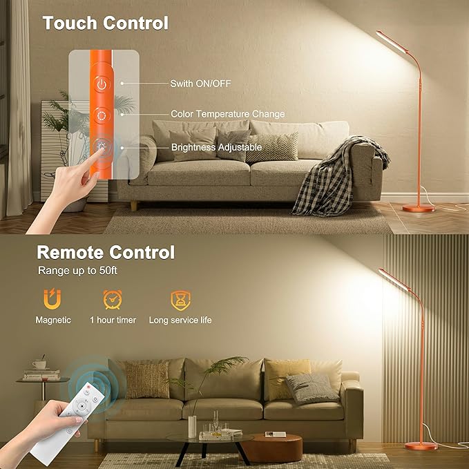 Yikuneng Dimmable LED Floor Lamp, Super Bright Reading Lamps Floor Standing lamp with Remote & Touch Control, Orange