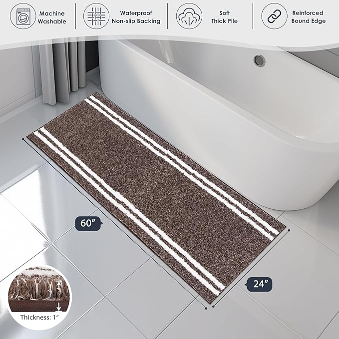 PURRUGS Bathroom Rug Non-Slip Machine Washable 24" x 60", Super Absorbent and Quick Dry Shaggy Microfiber Bath Mat, Extra Soft and Plush Bath Rug for Bathtub, Shower, and Sink, Brown