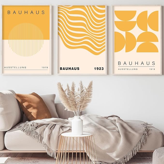 Geometric Line Wall Art Abstract Shape Prints Bauhaus 1923 Poster Beige and Yellow Wall Art Mid Century Modern Artwork Bauhaus Exhibition Poster Boho Modern Pictures for Living Room 16x24inch Unframed