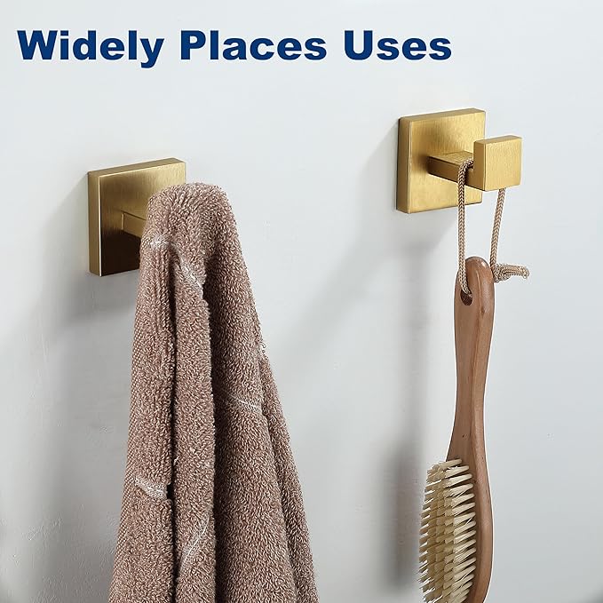 Towel Hooks for Bathrooms, Brushed Gold Towel Hook for Kitchen Bathroom, SUS304 Stainless Steel Coat Hook, Square Heavy Heavy Duty Robe Hooks for Hanging Towels,Coats,sponges,Wall Mount, 4 Pack