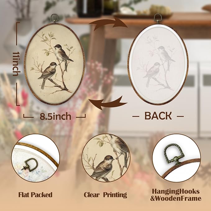 DILSJ Vintage Sparrow Bird Oval Wall Art Decor, Cottagecore Botanical Farmhouse Canvas Wall Art Framed, Rustic Bird Hanging Decorations for Home Bedroom Living Room Farmhouse, 8.5x11 Inch
