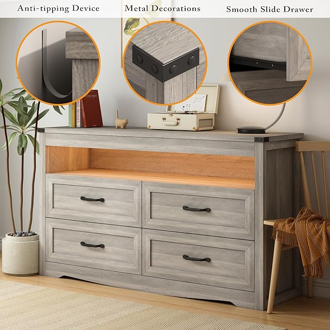Grey Dresser for Bedroom, Wooden 4 Drawer Dresser with LED Light, Dressers & Chests of Drawers with Metal Handles, Storage and Organization for Bedroom, Hallway, Entryway, Gray