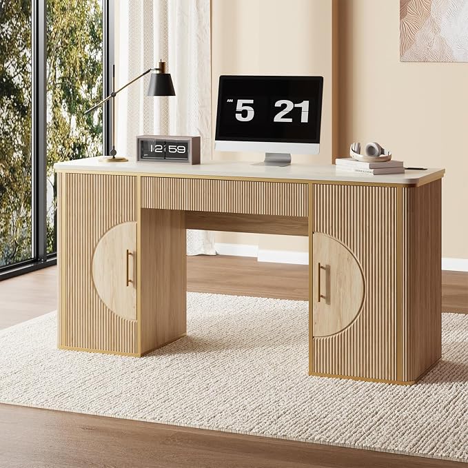 60" Fluted Writing Desk, Wooden Long Home Office Computer Desk with Drawer & Storage Cabinet, Modern Writing Table with Charging Station, High Executive Desk, Bedroom, Nature Oak, Set of 2