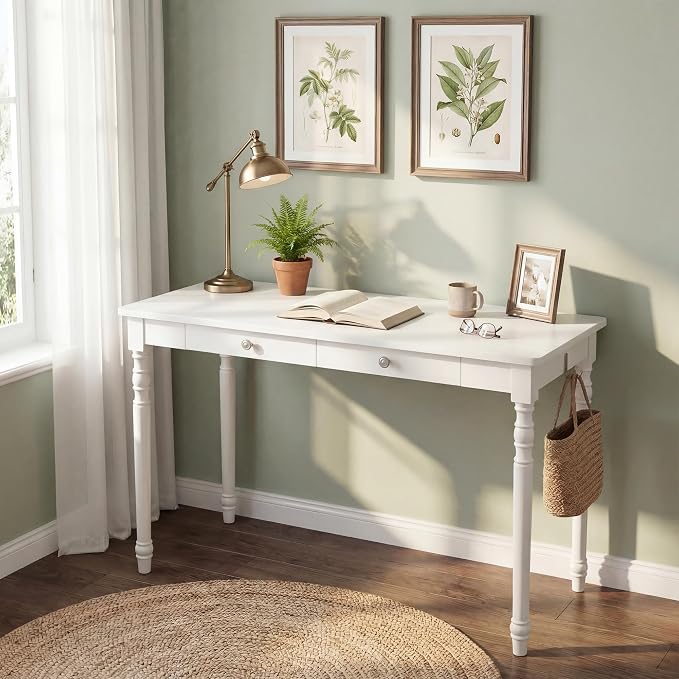 Mid Century Modern Desk, 47" White Solid Wood Desk with 2 Drawers, Wooden Writing Desk Computer Table for Home, Office, Bedroom, Living Room