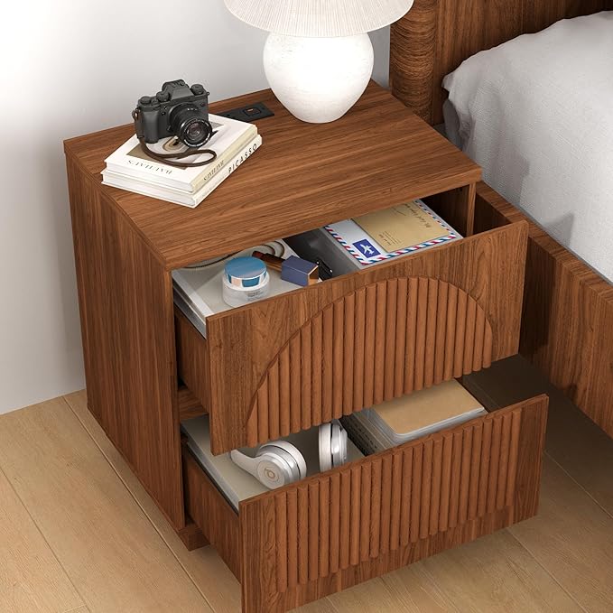 Nightstand with Drawers Set, 2-Drawer Arched Fluted Nightstand with Charging Station, Wooden Night Stand with Storage,Modern Furniture for Bedroom Organization,Walnut