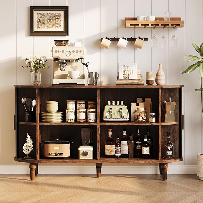 Sideboard Buffet Cabinet with Storage - Accent Kitchen Credenza Console Table with Sliding Door & Adjustable Shelf, Fluted Coffee Bar Sideboards for Living Room, Dining Room, Entryway, Walnut