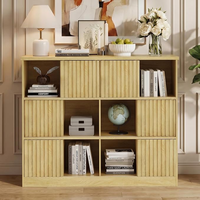 Einhomn 12 Cube Storage Organizer with Sliding Doors, Modern Fluted Bookshelf with Storage Cabinet, Wooden Bookcase with 6 Open Shelves for Living Room, Home Office, Bedroom, Natural