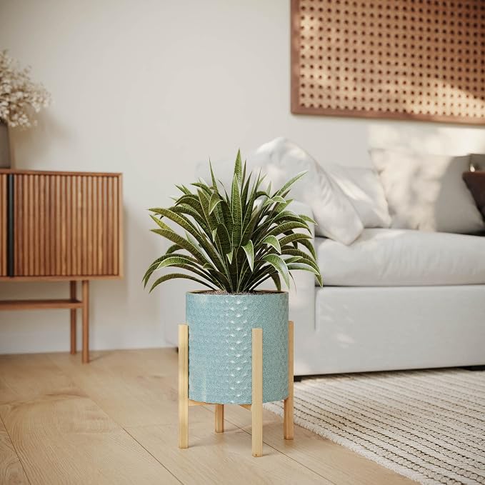 EverNest Mid-Century Modern Rhys Honeycomb Embossed Planter Pot with Kinsley Wood Stand, Metal Indoor Plant Pots, Blue Green Bohemian Style (Medium 2 Gallon)