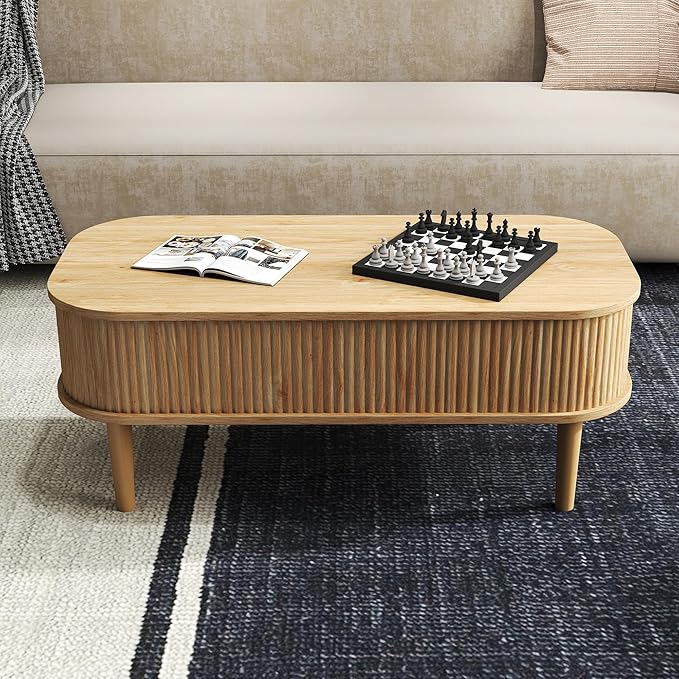 Fluted Lift Top Coffee Table with Hidden Storage, Oval Coffee Table with Lifting Top, Mid Century Modern Design for Living Room, Office & Small Spaces(Natural)