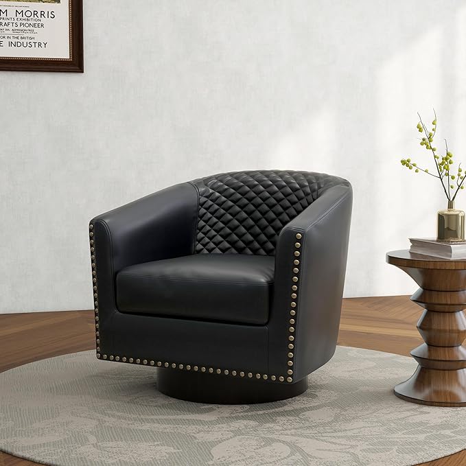 Swivel Barrel Accent Chair, Comfy Modern Upholstered Round Faux Leather Arm Chair for Living Room, Bedroom-Black, Set of 2