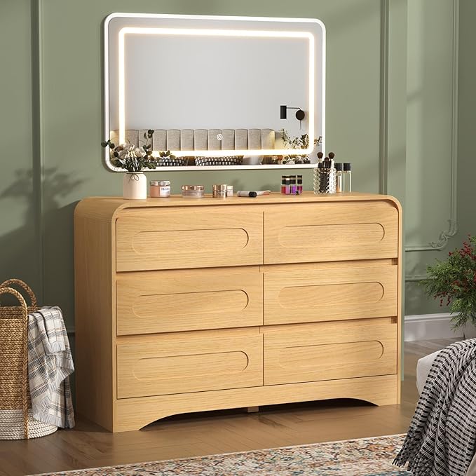 Dresser with Mirror for Bedroom, Pre-Installed Slides, 6 Drawer Dressers & Chests of Drawers with 24"x37"LED Mirror, 3 Colors, 47" Wide Storage Dresser for Apartment or Hallway, Natural Oak