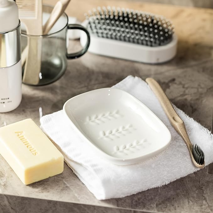 Soap Dish Soap Holder Shower, Ceramic Soap Dishes for Bar Soap Sponge, Shower Soap Dish Soap Saver Tray for Bathroom Kitchen Sink, Easy to Clean, White (Pack of 2)