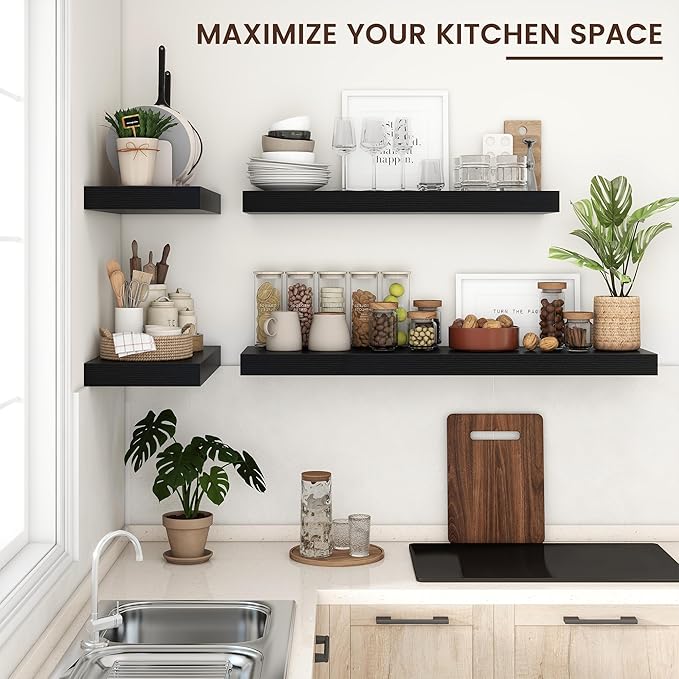 Floating Shelves for Wall, 48" W x 12" D x 2" H, 2 Pack of Long Wall Mounted Engineered Wood Shelves with Invisible Brackets for Living Room, Bedroom, Bathroom, Kitchen Decor, Black