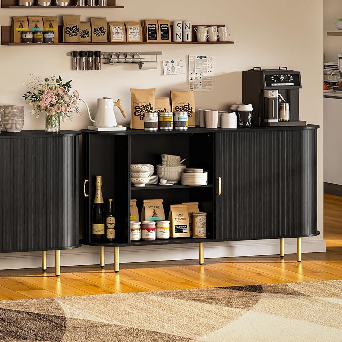 PUKAMI 55" Wood Buffet Sideboard Cabinet with Storage, Mid-Century Modern Coffee Bar Cabinet with Sliding Doors & Shelves, Accent Credenza Console Table for Kitchen, Dining Room, Entryway (Black)