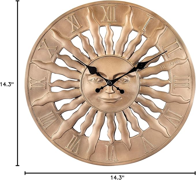 Bulova Sunrise Wall Clock C4860 | 14.3" 3D Sunburst Resin Design with Roman Numerals | Silent Quartz Movement | Battery Operated | Indoor/Outdoor Décor