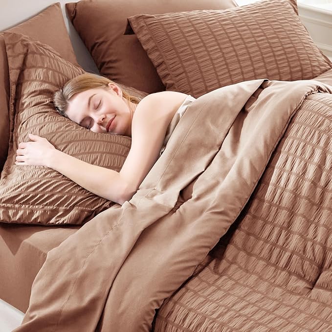 CozyLux Full Size Comforter Sets Mocha Mousse, 7 Pieces Seersucker Textured Luxury Bed in a Bag, All Seasons Soft Bedding Sets with Down Alternative Comforter, Sheets, Pillowcases & Shams, Home Gift