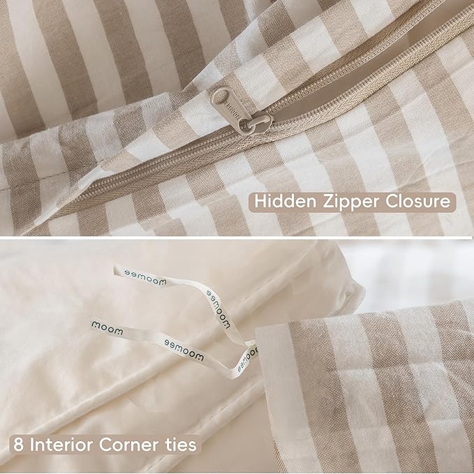 MooMee Striped Duvet Cover Set 100% Washed Cotton Linen Like Textured Breathable Durable Soft Comfy (Tannish Linen Grey White Classic Stripes, Twin 68"x90")