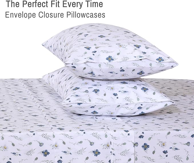 RUVANTI 100% Cotton Percale Sheets Queen Size 6 Piece Set, Cooling Bed Sheets for Hot Sleepers, Deep Pocket 16”, Breathable Lightweight & Durable, Crisp Hotel Style Sheets, Coastal Blue