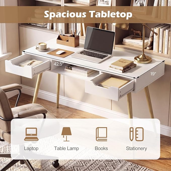 Tangkula White Writing Desk, Simple Computer Desk with 2 Drawers & Open Center Storage, Mid Century Modern Vanity Table, Small Wooden Study Table for Home Office & Compact Spaces