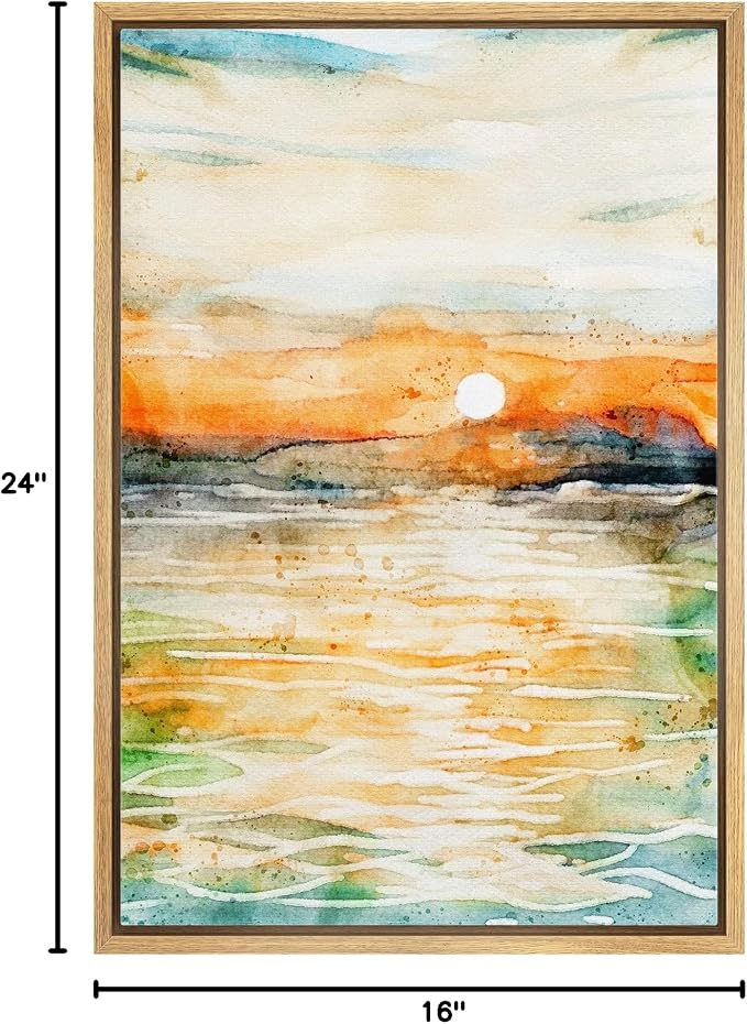 MUDECOR Framed Canvas Print Wall Art Watercolor Explosion Sunset Ocean Abstract Shapes Illustrations Modern Decorative Multicolor Relax/Calm for Living Room, Bedroom, Office - 16"x24" Natural
