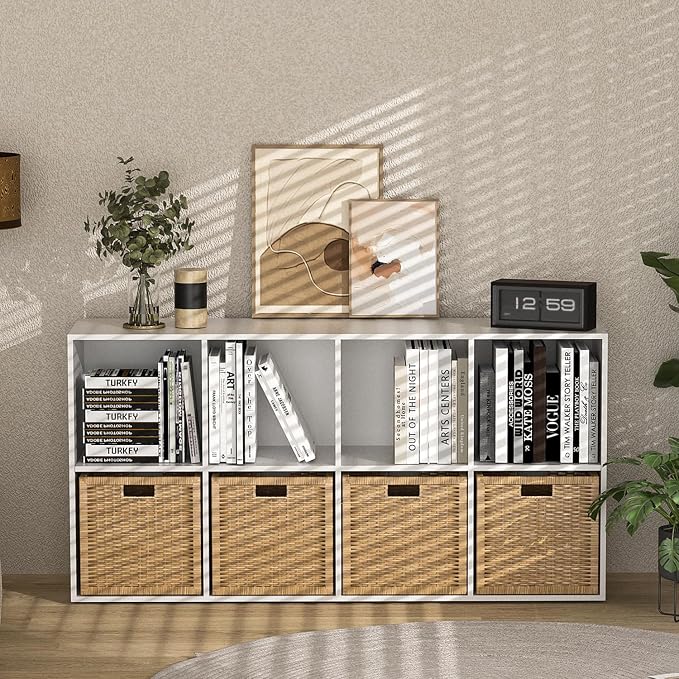 Wooden 8 Cube Storage Organizer with Closed Back Panel,White Cube Shelf Cubby Storage Organizer with Compartments for Living,Bookshelf, Easy to Install (White, 8 Cube-11in)