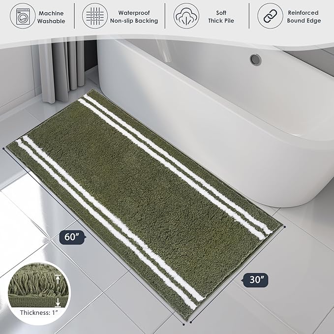 PURRUGS Bathroom Rug Non-Slip Machine Washable 30" x 60", Super Absorbent and Quick Dry Shaggy Microfiber Bath Mat, Extra Soft and Plush Bath Rug for Bathtub, Shower, and Sink, Olive Green