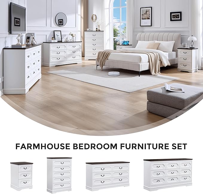 LIDYUK 5 Drawer Dresser for Bedroom Farmhouse White Wood Chest of Drawers for Bedroom Dresser, Rustic 46" Tall Wide Drawers Dressers Wooden Closet Storage Cabinet, Hallway, Living Room