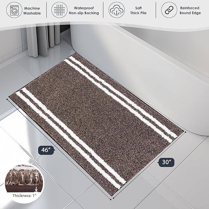 PURRUGS Bathroom Rug Non-Slip Machine Washable 30" x 46", Super Absorbent and Quick Dry Shaggy Microfiber Bath Mat, Extra Soft and Plush Bath Rug for Bathtub, Shower, and Sink, Brown