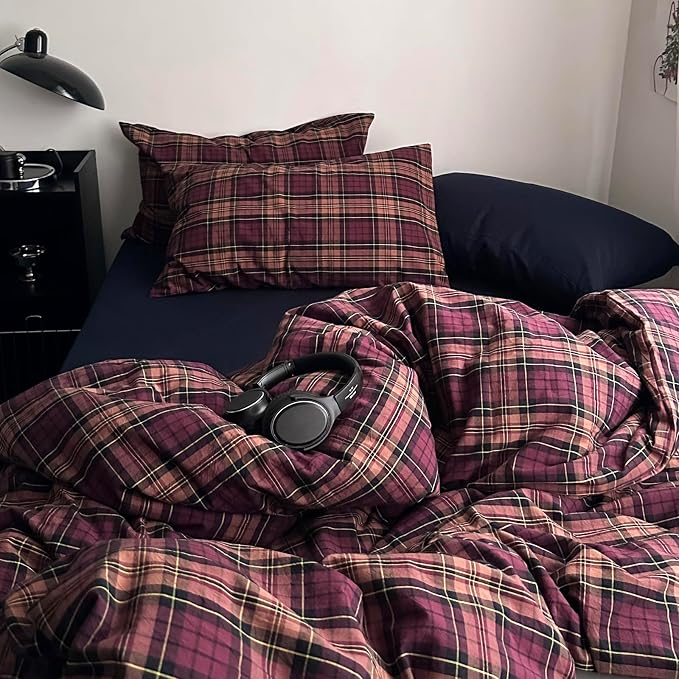 mixinni Vintage Burgundy Buffalo Plaid Comforter Cover Set Twin Size - 3 Piece Mid-Century Modern Washed Cotton Bedding, Soft Breathable Grid Duvet Cover with Matching Pillowcases for All-Season