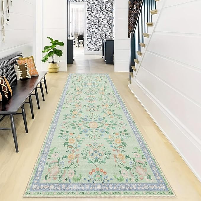 MUJOO Washable Runner Rug for Kitchen Hallways,2x6 Runner Rug Non Slip,Floral Carpet Runner for Bathroom Bedroom Laundry Floor,Long Mat Boho Indoor Vintage Low Pile Green