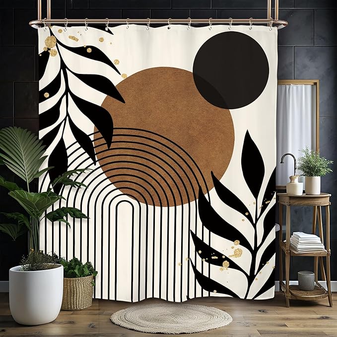 Miyotaa Abstract Minimalist Brown Black Shower Curtain Set 60Wx71H Inches Modern Aesthetic Contemporary Plant Leaves Neutral Geometric Mid Century Waterproof Bathroom Curtain with 12 Hooks