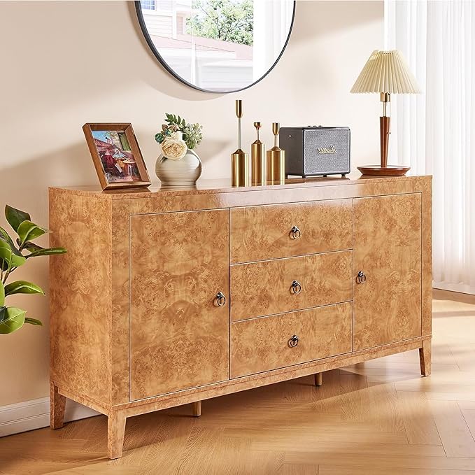 AMERLIFE 60" High Gloss Burl Buffet Sideboard Storage Cabinet, Large Wood Sideboard with Drawers, Retro Handles, Heavy Duty Coffee Wine Bar Buffet Table for Dining Room, Living Room, Yellow