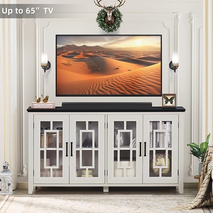 Large Sideboard Buffet Cabinet with Storage, 63" Farmhouse White Kitchen Coffee Wine Bar Cabinet with 4 Glass Doors, Wood Mid Century Modern Side Board Table for Dining Room, Living Room