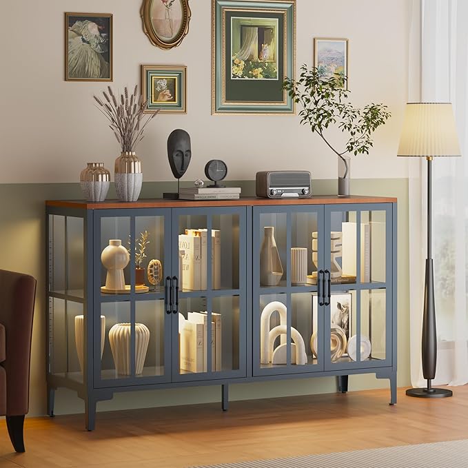 53" 3-Sided Glass Sideboard Buffet Cabinet with COB Lights, Adjustable Shelves, Modern Metal-Wood Buffet Table with Storage, Glass Display Cabinet for Coffee Bar Dining Room Kitchen, Blue