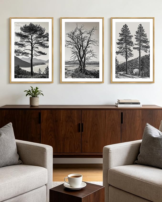 KUVIOKE Vintage Tree Framed Canvas Wall Art Black and White Retro Antique Forest Drawings Nature Wilderness Sketch Wall Painting Modern Decor 16x24in (Natural Framed)
