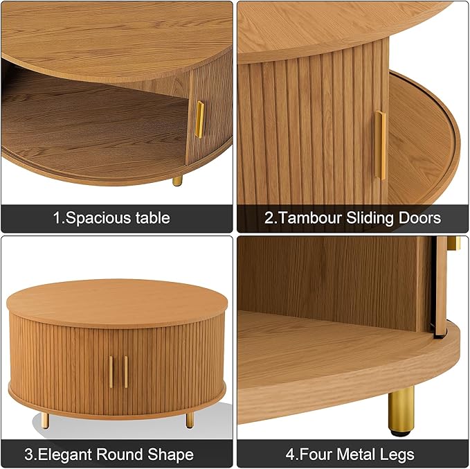 DHH Round Coffee Table, 31.5" Mid Century Modern Coffee Table with 360° Sliding Tambour Door, Fluted Accent Coffee Table with Storage,Adjustable Footpads for Living Room, Yellow Walnut