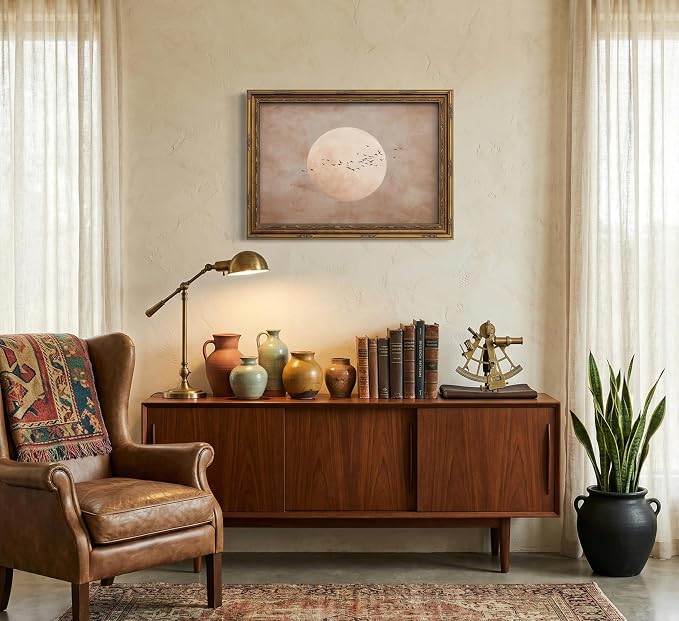 Vintage Gold Framed Minimalist Moon and Birds in Flight Wall Art, Neutral Beige Sky Painting Canvas Prints, Boho Nature Poster Artwork for Modern Living Room Bedroom Office Wall Decor,16x24in