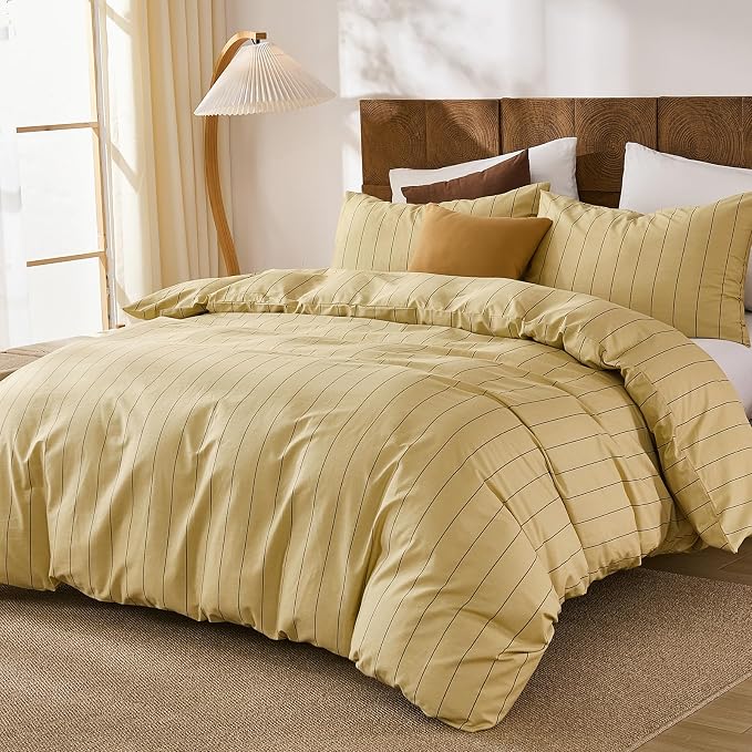 Merryword Yellow Striped Duvet Cover Set Queen Size, Natural Cotton Bedding Set with Zipper Closure & 8 Corner Ties, Soft Breathable Luxury Linen Like Bedding for All Seasons