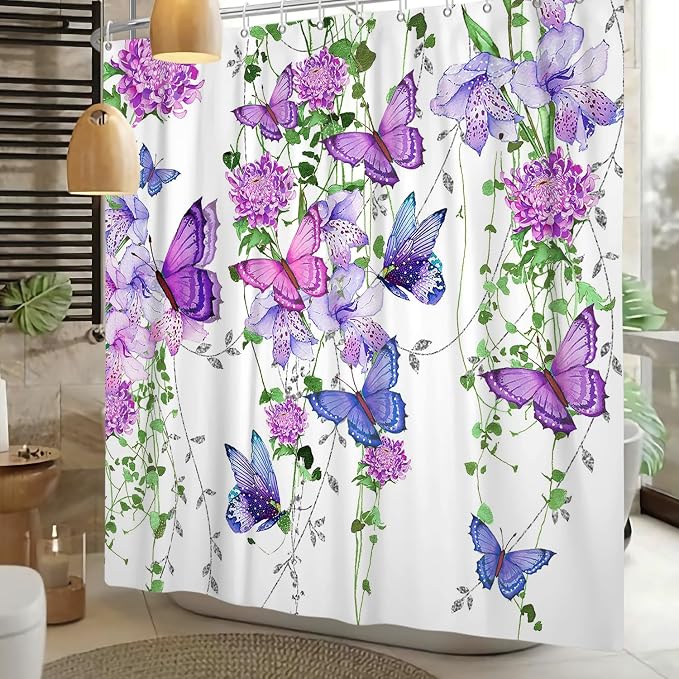 Violet Butterfly Floral Shower Curtain Spring Lavender Shower Curtain Lilac Pink Floral Bathroom Decor Waterproof Polyester Fabric with 12 Hooks,72x72 Inches